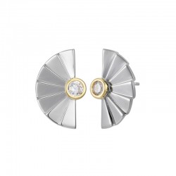 Pleat Collection Round CZ Bezel Pleated Fan Design Rhodium Plated Earrings