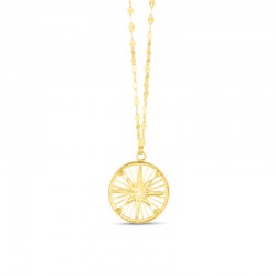 D/C Wheel Compass Medallion Necklace On 18'' Mirrored Link Chain With Spring Ring Clasp 14K Yg