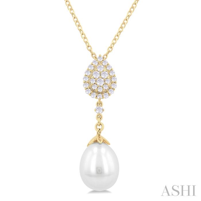 PEAR SHAPE PEARL & HALO DIAMOND FASHION PENDANT