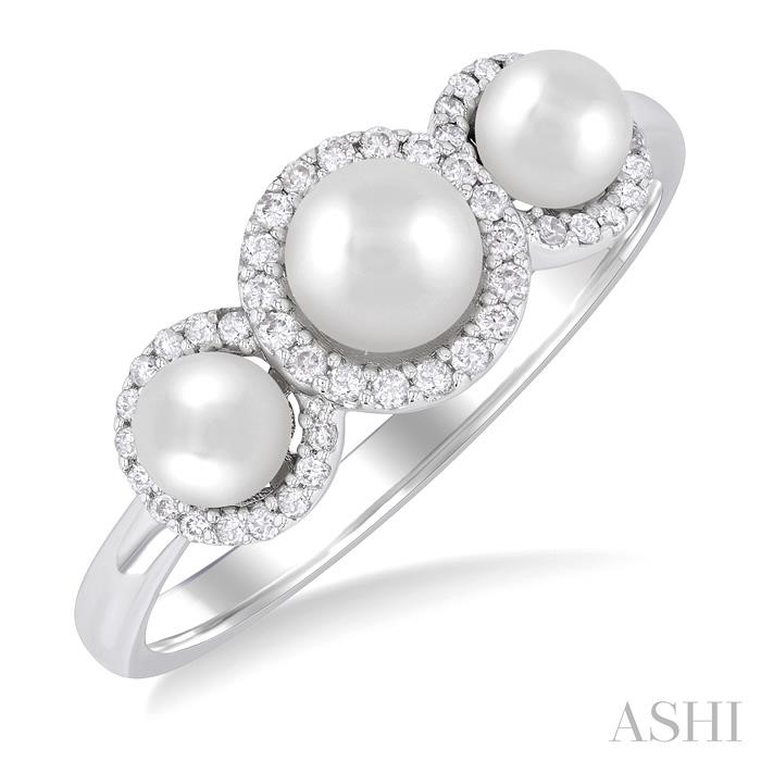 Round Shape Past Present & Future Pearl & Halo Diamond Ring