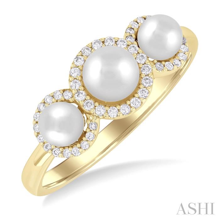 Round Shape Past Present & Future Pearl & Halo Diamond Ring