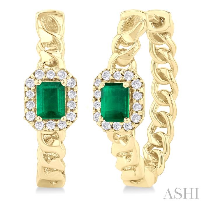 EMERALD SHAPE CURB & CUBAN GEMSTONE & DIAMOND FASHION HOOP EARRINGS