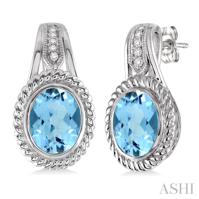 Silver Oval Shape Gemstone & Diamond Earrings