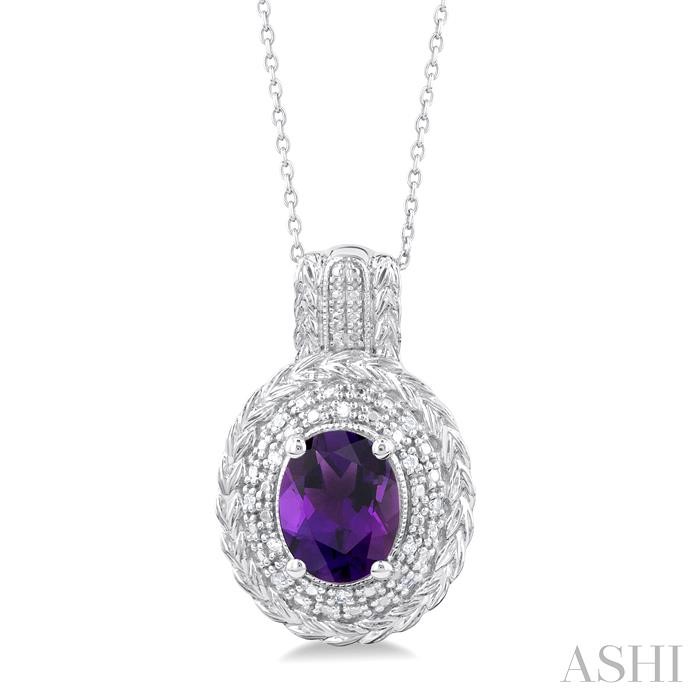 SILVER OVAL SHAPE GEMSTONE & DIAMOND PENDANT