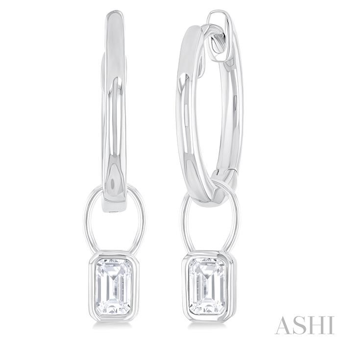 EMERALD SHAPE BEZEL SET DIAMOND HUGGIE FASHION EARRINGS