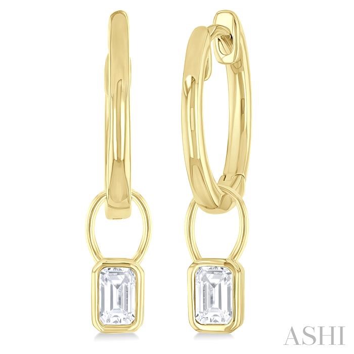 EMERALD SHAPE BEZEL SET DIAMOND HUGGIE FASHION EARRINGS